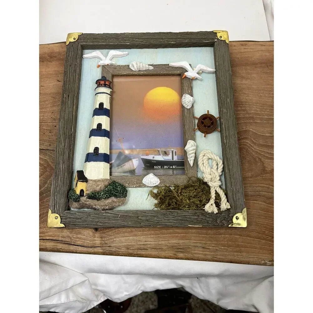 Vintage Lighthouse Picture Frame Table Desk Top Glass Multicolor Nautical Sea